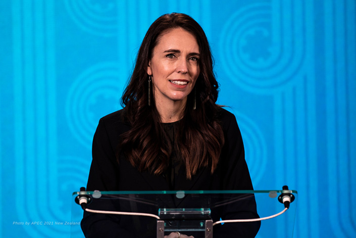 New Zealand Prime Minister Jacinda Ardern delivers a keynote address at the 2021 APEC CEO Summit on Thursday. Photo: Courtesy of APEC.org