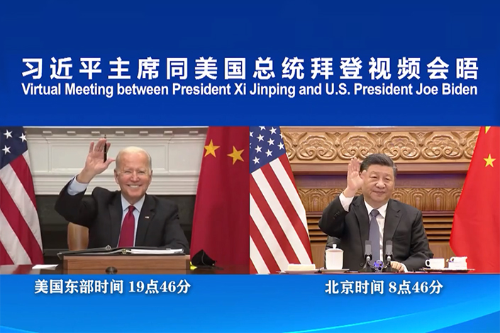 President Xi Jinping holds a virtual summit via video link with U.S. President Joe Biden on Tuesday morning. Photo: Screenshot from CCTV
