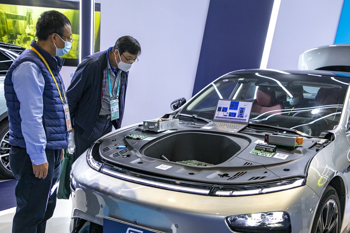 An automobile chip is displayed at the Automobile Exhibition area of the 4th China International Import Expo in Shanghai, on Nov. 8. Photo: VCG