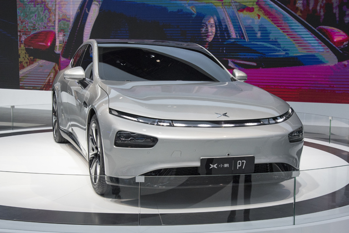 An XPeng P7 series vehicle on display at the 2019 Shanghai Auto Show in April 2019.
