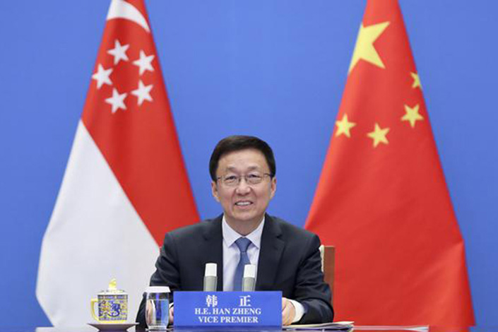 Chinese Vice Premier Han Zheng co-chairs the annual bilateral cooperation summit  with Singaporean Deputy Prime Minister Heng Swee Keat via video link on Wednesday in Beijing. Photo: Xinhua