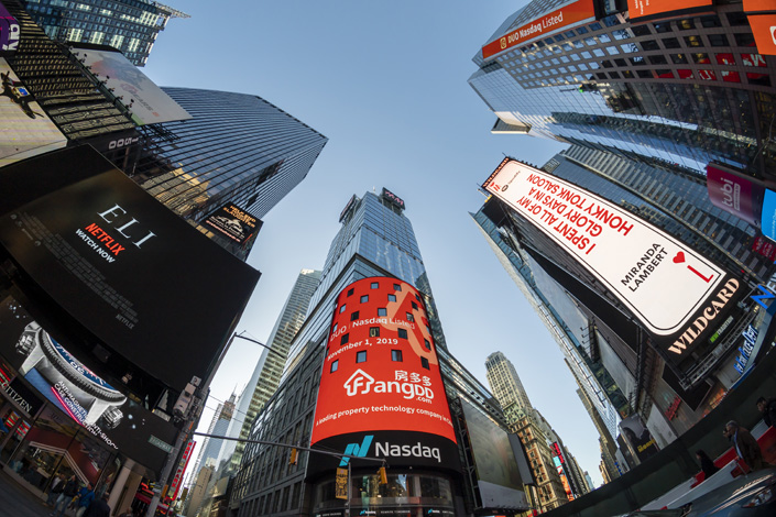 The video screen on the Nasdaq stock exchange in Times Square in New York is decorated for the debut of the FangDD Network Group initial public offering on Nov. 1, 2019. Photo: IC Photo