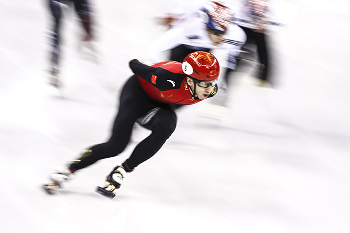 Wu Dajing of China takes the crown at the men's 500 meter short track speed skating final of the Pyeongchang 2018 Winter Olympics in South Korea on Feb. 22, 2018. Photo: VCG