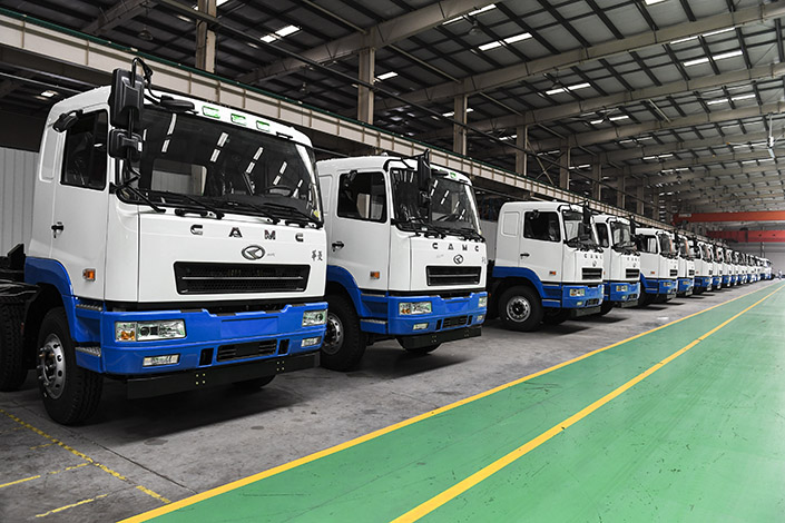 CAMC new-energy heavy trucks at a factory in Ma'anshan, Anhui province, in April 2021. Photo: VCG
