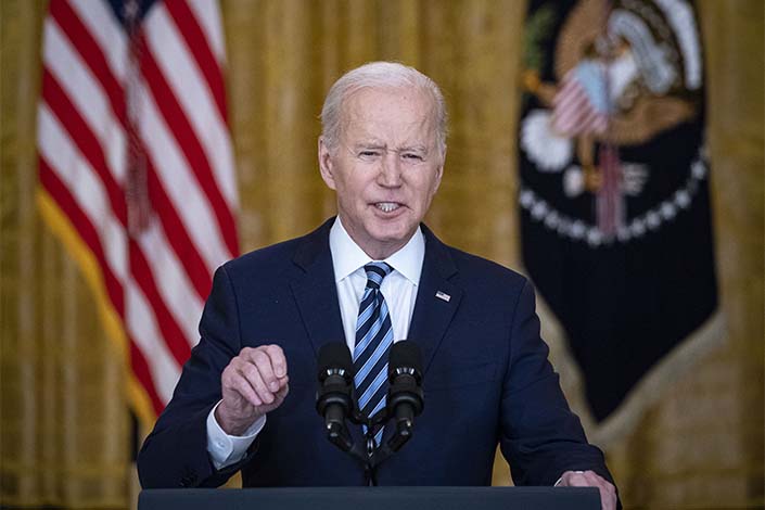 U.S. President Joe Biden delivers remarks about Russia’s “unprovoked and unjustified” military actions in Ukraine in the East Room of the White House on Thursday in Washington, D.C. Photo: VCG
