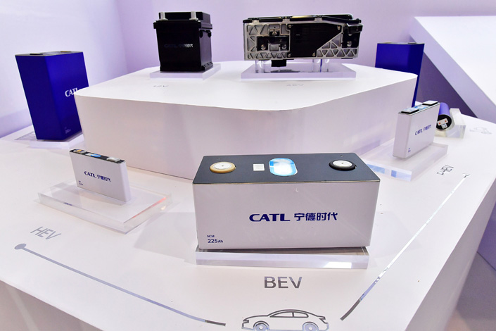 Lithium-ion batteries developed by CATL sit on display at a trade fair in September 2021 in Xiamen, East China’s Fujian province. Photo: VCG