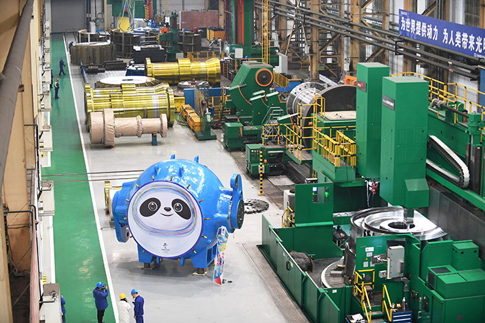 A machine painted with the 2022 Olympic mascot, Bing Dwen Dwen, is seen in the workshop of a factory in Northeast China’s Harbin province, on Feb. 11. Photo: VCG