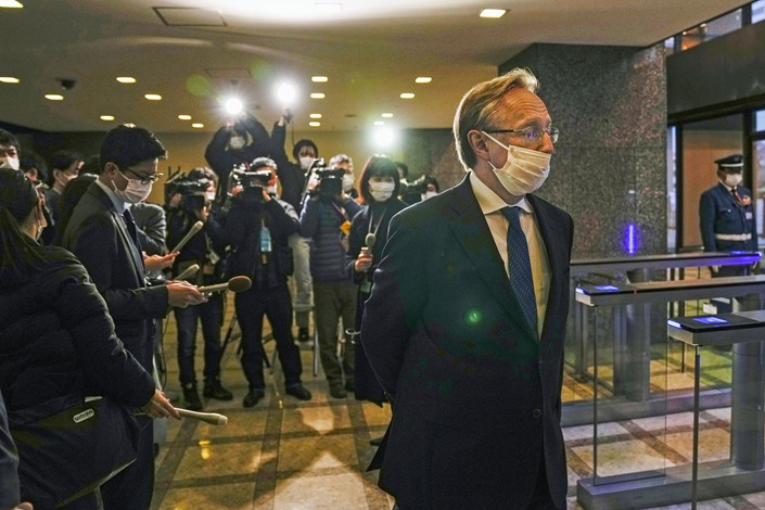 Russian Ambassador to Japan Mikhail Galuzin is pictured at the Japanese Foreign Ministry in Tokyo on March 22, 2022. Japan's Vice Foreign Minister Takeo Mori summoned him to the ministry to protest Russia's announcement it will suspend negotiations of a peace treaty with Japan. Photo: VCG