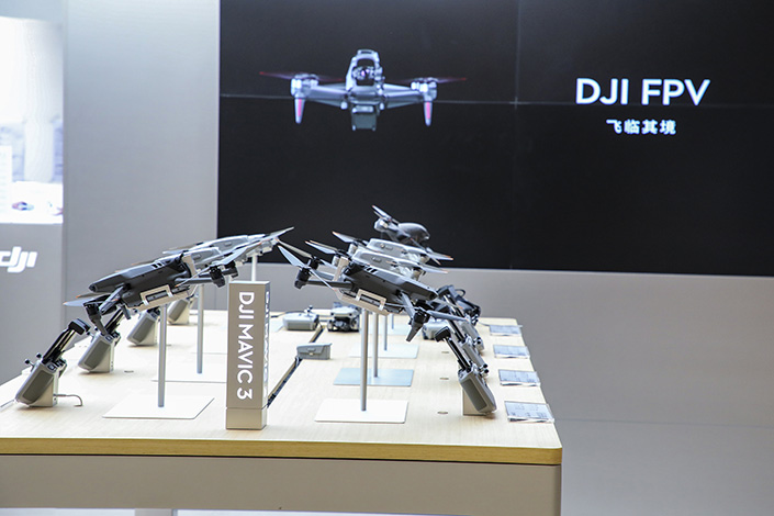 DJI’s drones at a store in Shanghai on Jan. 17. Photo: VCG