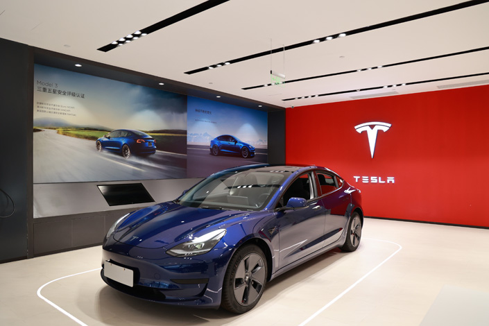 A Tesla vehicle at a Tesla store in Shanghai on Feb. 2. Photo: VCG