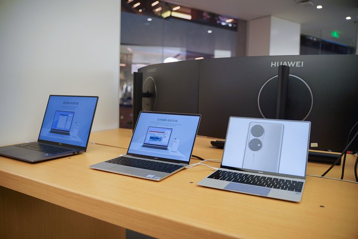 Computer products are seen at a Huawei store in Foshan, Guangdong province, on April 4, 2022. Photo: VCG