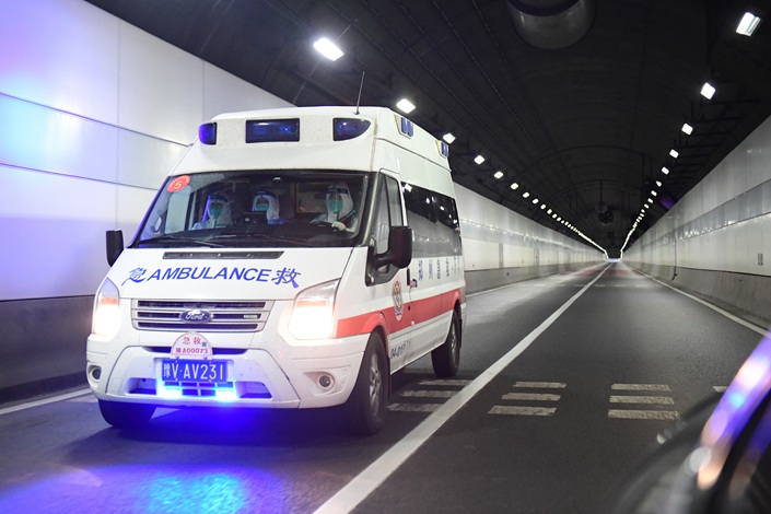 An ambulance from Henan province transports patients in Shanghai on May 8. Photo: VCG