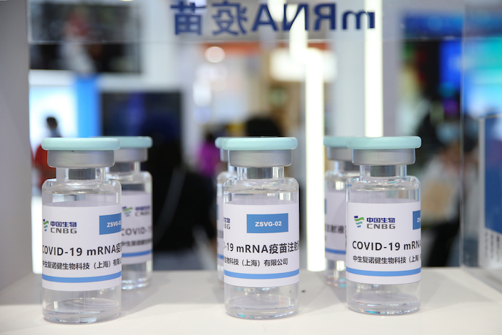 China National Biotec Group’s mRNA Covid vaccine displayed at the China International Fair for Trade in Services in September 2021.