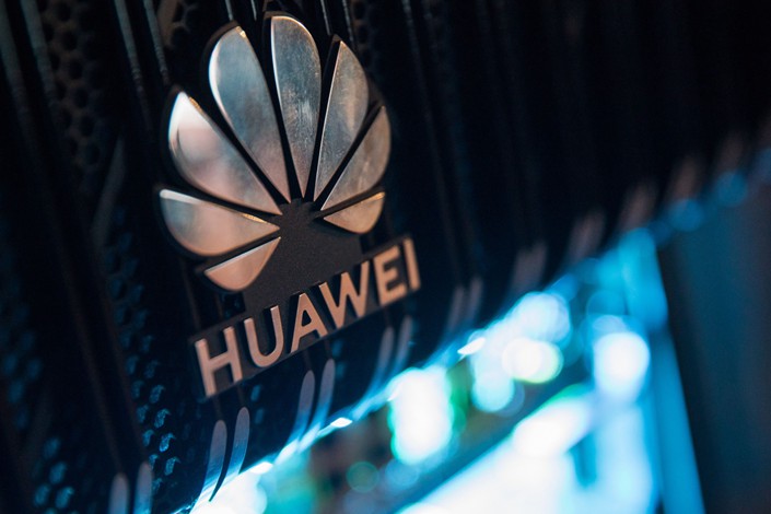 Huawei’s NetEngine 8000 intelligent metro router sits on display at a 5G event in London. Photo: Bloomberg