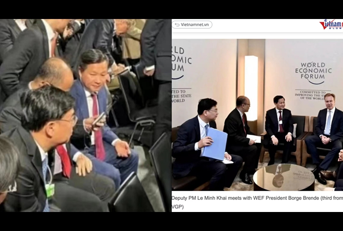 A comparison of the photo presented by McCaul (left) and a public photo of the Vietnamese delegation’s meeting with WEF President Borge Brende.