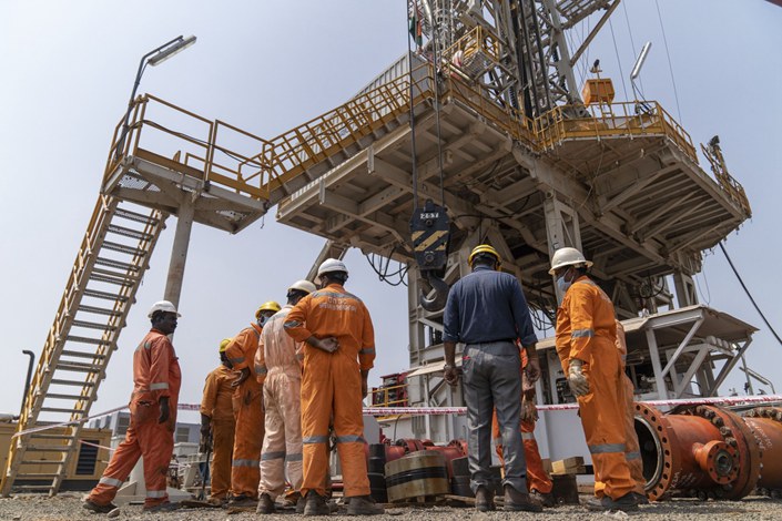 A land drilling oil rig, manufactured by Megha Engineering and Infrastructures Ltd. (MEIL) and operated by Oil and Natural Gas Corp., during a media tour in Bhimavaram, Andhra Pradesh, India. Photo: Bloomberg