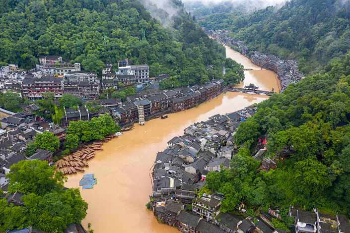 The water level of the Tuojiang river is high due to torrential rain in Central China’s Hunan province on June 2. Photo: VCG