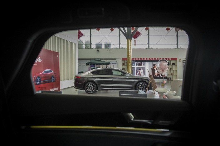 A BYD Han luxury sedan on display at the company’s showroom in Beijing in Aug. 25.  Photo: Bloomberg
