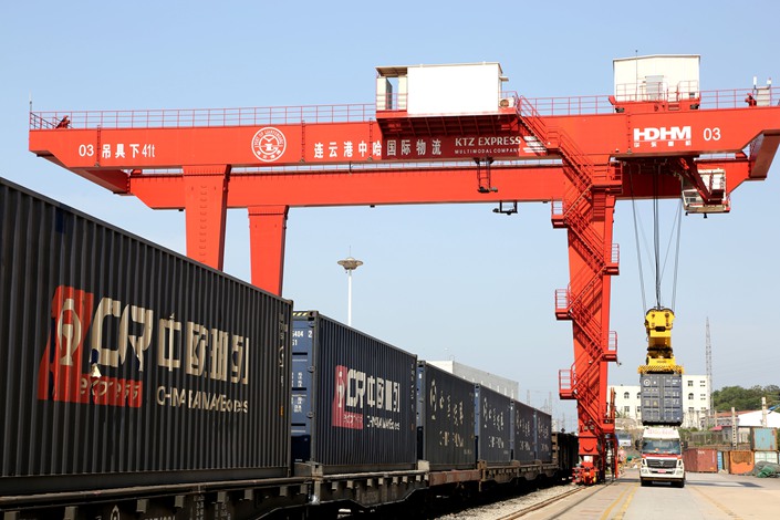 Containers are loaded onto the China-Europe freight train in Lianyungang, East China’s Jiangsu province, on June 6. Photo: VCG