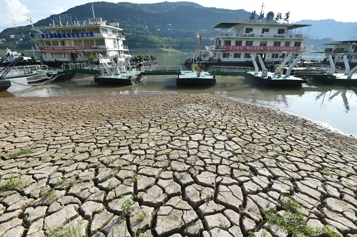 The dry river bed of Yangtze River, in the neighboring Chongqing municipality on Aug. 16. Photo: Bloomberg