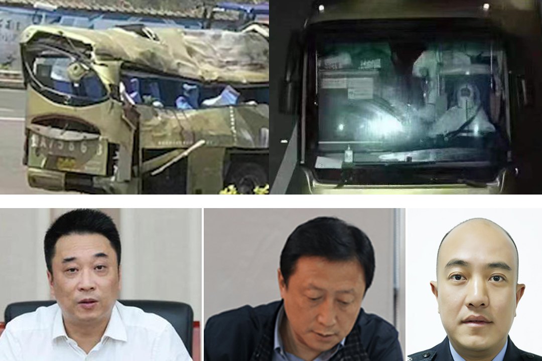 The three officials (from left to right) from Guiyang’s Yunyan district who were suspended over the fatal bus crash are Zhu Gang, the district’s Communist Party secretary; Song Chengqiang, head of the local government group responsible for transferring people to quarantine; and Xiao Lingyun, deputy party chief of the Yunyan police.