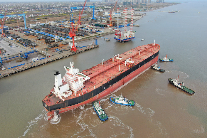 A 300,000-ton oil tanker berthed in Nantong, Jiangsu province, on March 16, 2020.
