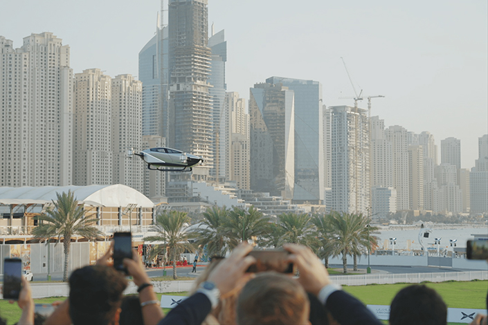 XPENG AEROHT conducted the first flight of its electric flying car, the XPENG X2, at Skydive Dubai on Monday. Photo: XPENG