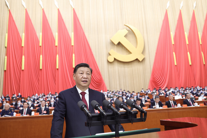 President Xi Jinping delivers a report to the 20th National Congress of the Communist Party of China at the Great Hall of the People in Beijing on Sunday. Photo: Ju Peng/Xinhua
