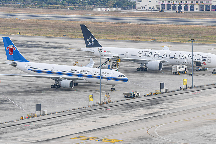 Two airplanes at Sanya Phoenix International Airport, South China’s Hainan province, in 2021. Photo: VCG