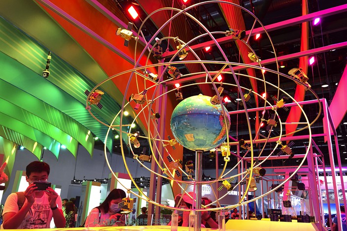 A diorama of BeiDou satellites at the China International Trade in Services Fair in Beijing National Convention Center on Sept. 6, 2020. Photo: VCG