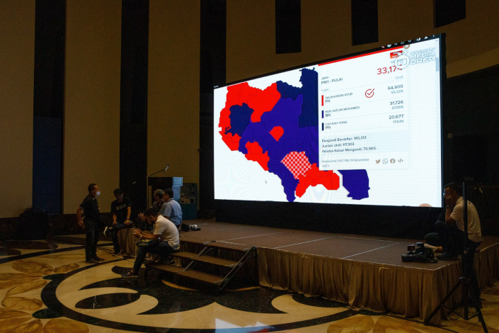 Members of the media watch voting results during an election event at the Pakatan Harapan camp in Subang, Malaysia, on Nov. 20. Photo: Bloomberg