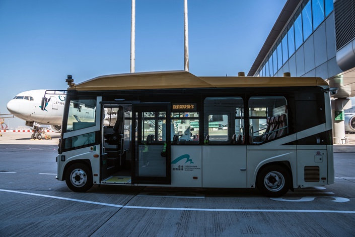 The airport has adapted and kitted out an electric bus from BYD with cameras, sensors and tracking devices. Photo: Bloomberg