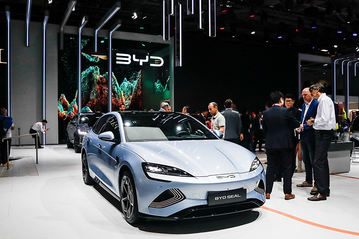A BYD Seal sits on display at the Paris Motor Show in France on Oct. 17. Photo: IC Photo