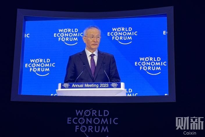 Vice Premier Liu He gives a special address at the World Economic Forum on Jan. 17 in Davos, Switzerland. Photo: Wang Duan/Caixin