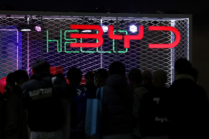 A BYD sign lights up the Tokyo Auto Salon in Chiba, Japan, on Jan. 13. Photo: Bloomberg