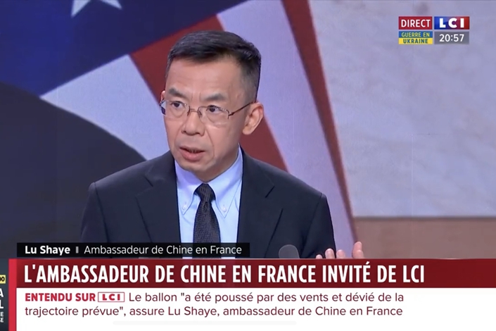 Chinese Ambassador to France Lu Shaye gives an interview with French television on Monday. Photo: Embassy of the People's Republic of China in the French Republic
