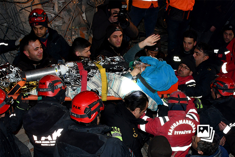 当地时间2023年2月10日，土耳其卡赫拉曼马拉什，地震92小时后，Mihriban Sultan Ozcelebi和她的女儿被从倒塌建筑物的废墟下救出。自2月6日凌晨4时17分在土耳其南部靠近叙利亚的边境地区发生7.8级强震以来，救援“黄金72小时”已过，灾区救援仍在进行。图：Halife Yalcinkaya/视觉中国
