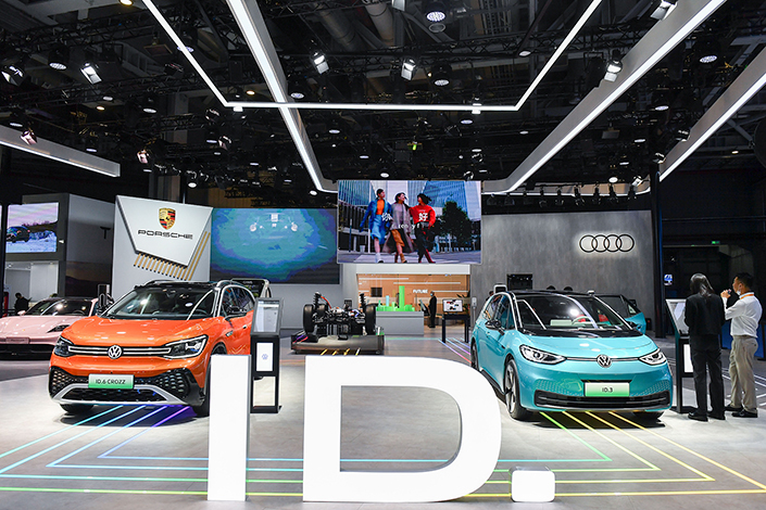 Two Volkswagen ID. series electrical vehicles sit on display in Shanghai in 2021. Photo: VCG
