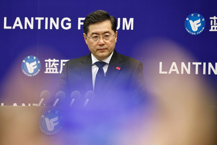 Foreign Minister Qin Gang delivers a keynote speech Tuesday at the Lanting Forum in Beijing. Photo: The Paper