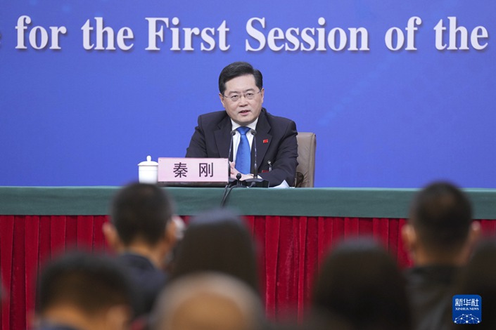 Foreign Minister Qin Gang answers questions from Chinese and foreign journalists on Tuesday. Photo: Wang Yuguo/Xinhua