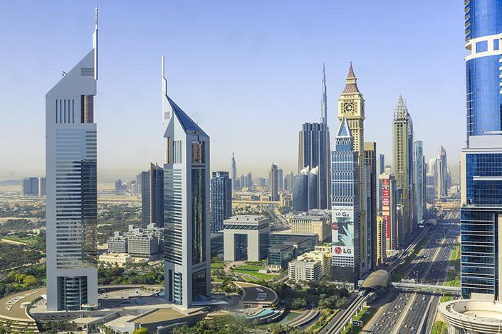 Skyscrapers including Emirates Towers and Burj Khalifa line up along Sheikh Zayed Road, Dubai’s main highway. Photo: VCG