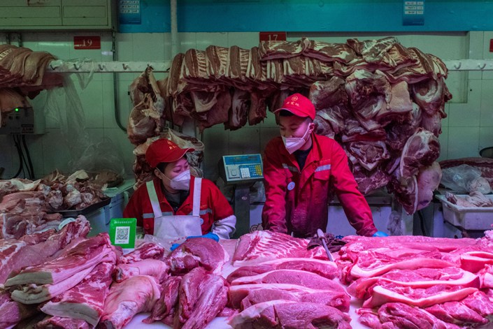 Pork for sale at a wholesale market in Beijing on Jan. 12. Photo: Bloomberg