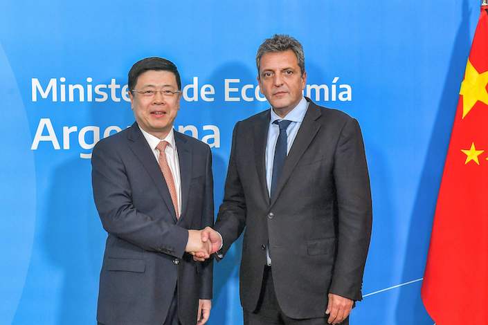 Argentine Economy Minister Sergio Massa meets in Buenos Aires with Chinese Ambassador Zou Xiaoli on April 26, 2023.