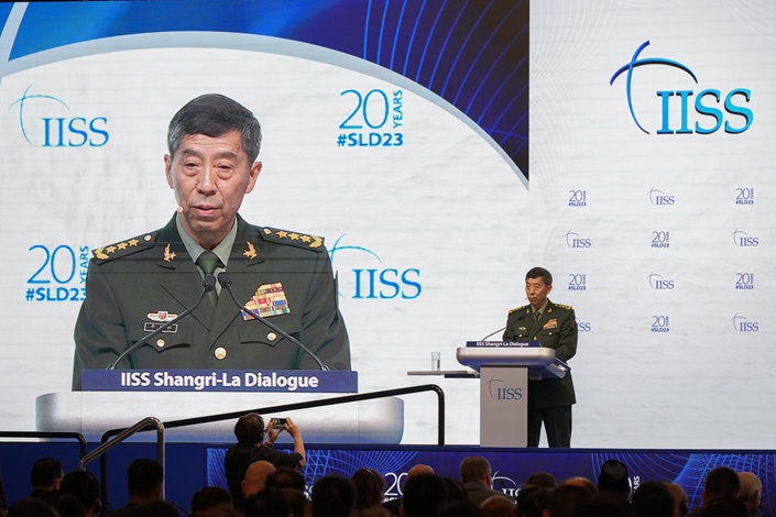 Chinese State Councilor and Minister of National Defense Li Shangfu delivers a speech during the 20th Shangri-La Dialogue in Singapore on June 4. Photo: VCG