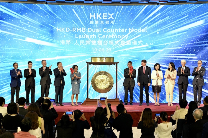 Hong Kong Financial Secretary Paul Chan Mo-po at the launch ceremony of the HKEX’s new dual-currency counter model on June 19, 2023.