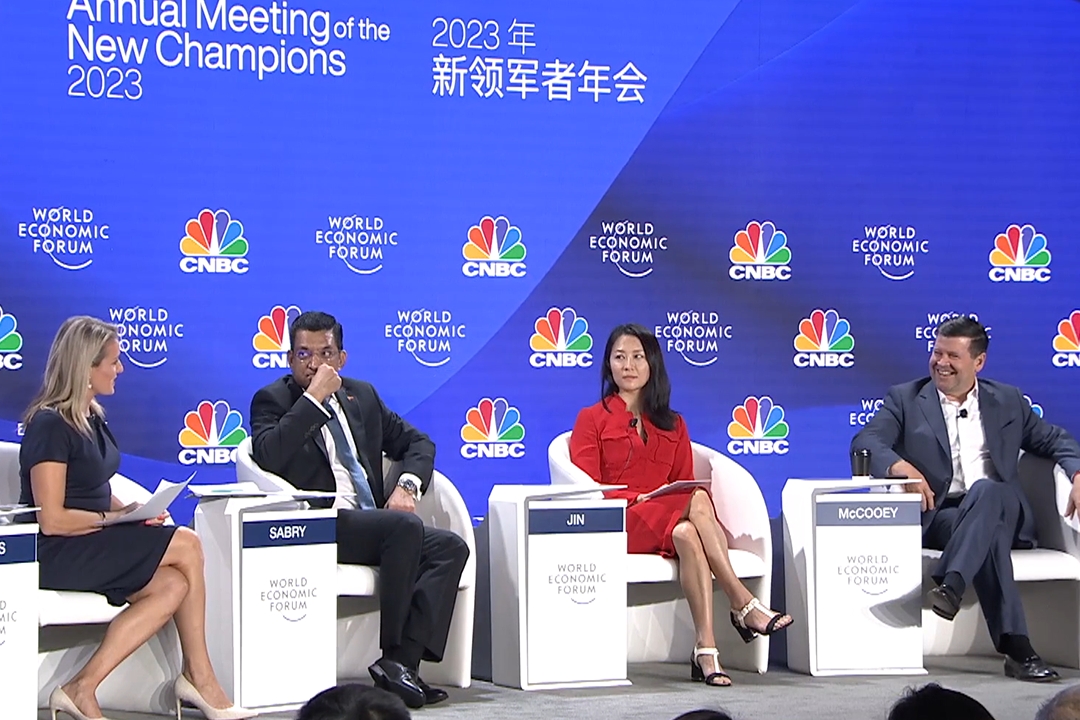 Economist Jin Keyu speaks on a panel at World Economic Forum’s “Summer Davos” in Tianjin. Photo: Screenshot from World Economic Forum
