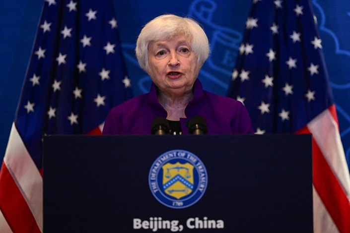 U.S. Treasury Secretary Janet Yellen speaks during a press conference at the U.S. Embassy in Beijing on Sunday. Photo: VCG