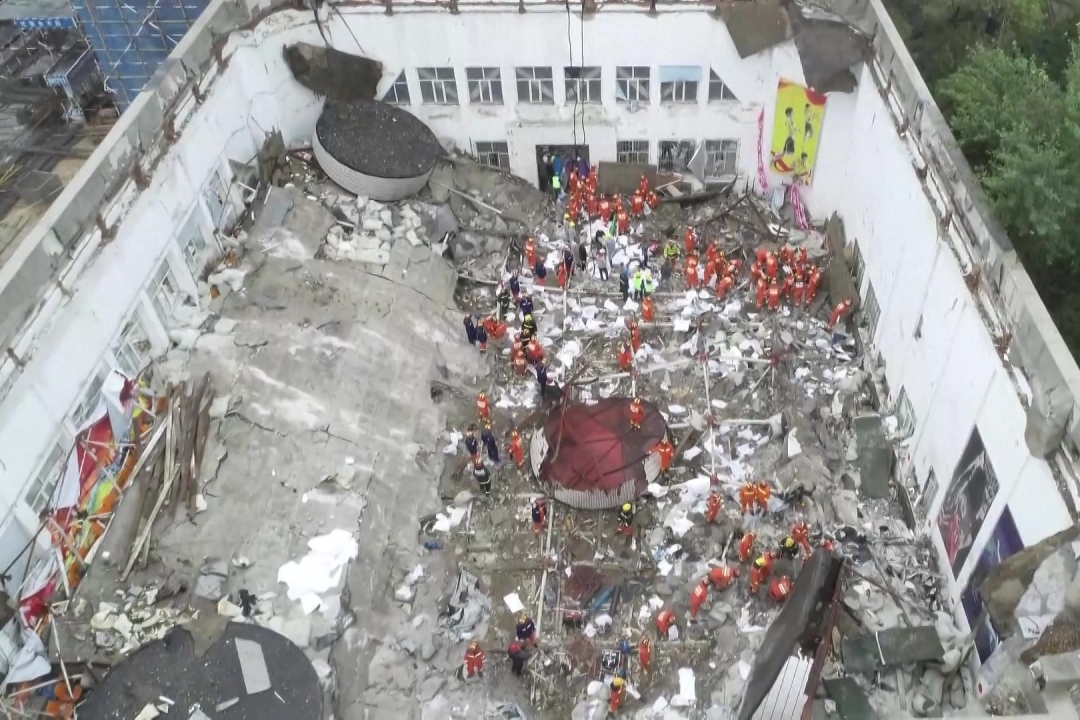 An aerial view of the gym roof collapse in Qiqihar, Northeast China’s Heilongjiang province on July 24. Photo: VCG