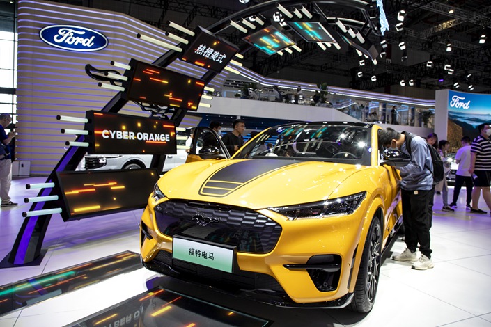 Changan Ford showcases its Ford Mustang on April 21 at an auto show in Shanghai. Photo: VCG