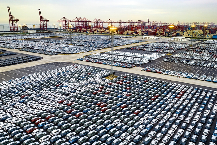 Row upon row of Chinese-made cars bound for overseas sit at the port of Taicang in Suzhou, East China’s Jiangsu province, on May 24. Photo: VCG